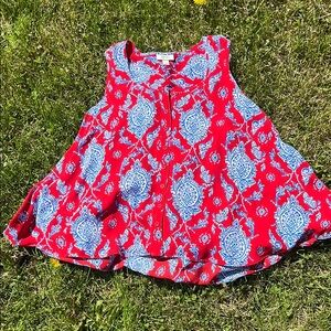 Red Sleeveless Top with Blue Paisley Pattern